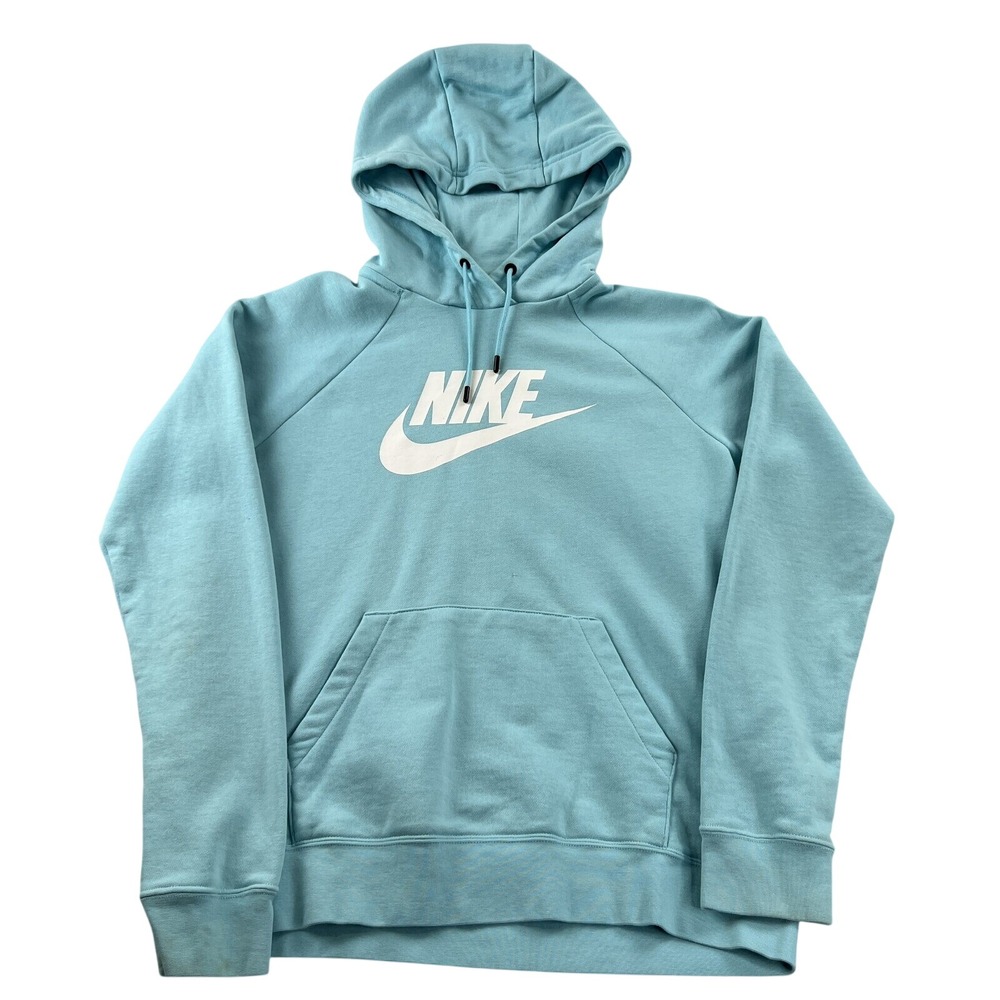 Nike Logo Pullover Hoodie M Light Blue Big Swoosh Women Athleisure Sweatshirt
